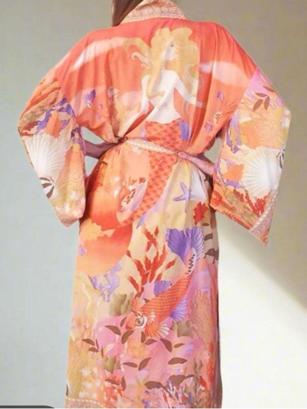 orange bohemian-style kimono features a mermaid print on the back and koi fish